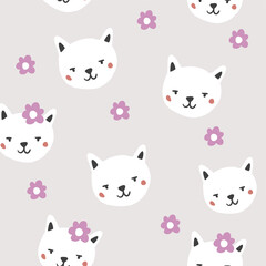 Seamless childish pattern with cute girl cats faces and flowers. Creative kids hand drawn texture for fabric, wrapping, textile, wallpaper, apparel. Vector illustration