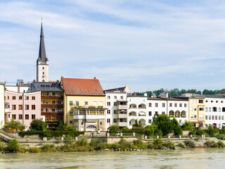 Fototapeta na wymiar The famous waterfront and river Inn. The medieval old town of Wasserburg am Inn in the Chiemgau region of Upper Bavaria, Europe, Germany, Bavaria