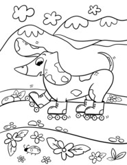Cartoon dachshund on rollers. Cartoon animal coloring book page. Line art cartoon animal coloring book for decoration design.