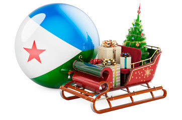 Christmas in Djibouti, concept. Christmas Santa sleigh full of gifts with Djiboutian flag. 3D rendering