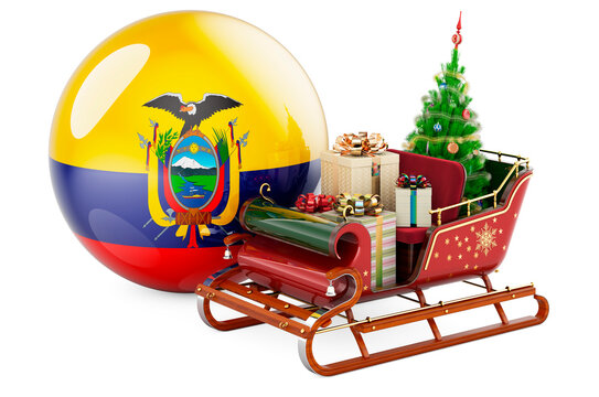 Christmas in Ecuador, concept. Christmas Santa sleigh full of gifts with Ecuadorian flag. 3D rendering