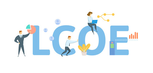 LCOE, Levelized Cost Of Energy. Concept with keyword, people and icons. Flat vector illustration. Isolated on white.