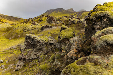 Obraz premium Europe, Iceland. View of the volcanic hills and moss covered lava of the Landmannalaugar area in the highlands area.