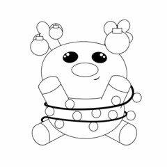 Cute cartoon Reindeer in garland and toys. Draw illustration in black and white