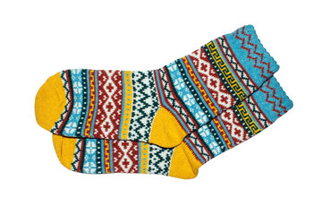 Socks are warm with a pattern on a white background.Wool socks background.