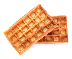Delicious Belgian waffles on white background, top view