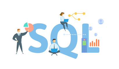 SQL, Structured Query Language. Concept with keyword, people and icons. Flat vector illustration. Isolated on white.