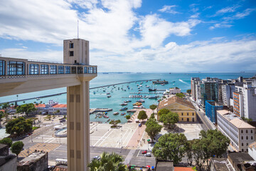 Salvador, Bahia, Brazil, November 2020 - view of the famous Lacerda Elevator and of Bay of All Saints (Baía de Todos os Santos) - Salvador, Bahia, Brazil