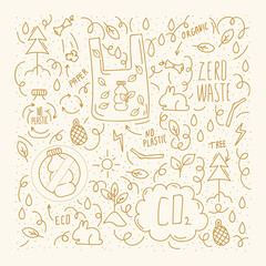 Icon background, no plastic. Conceptual Eco-life, without plastic. Poster eco-friendly safety in gold color, recyclable, sustainable, eco-friendly. Illustration zero waste. Vector illustration