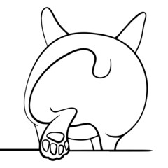 vector funny line art illustration of walking corgi dog from the back with raised paw. useful for advertising pet products, dog products, pet shops, dog food, animal shelters, logo, emblem, print.