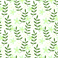 Delicate pattern with small white flowers and leaves. Seamless background.