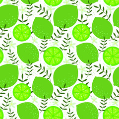 Vector pattern with limes, leaves and lime flowers. Green background, decorative illustration for colorful wallpaper, fabric. 