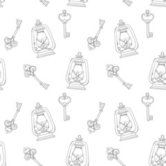 Vector seamless pattern with keys and lanterns in cartoon style