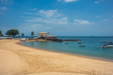 View of the beautiful and famous Porto da Barra beach with Saint Mary Fort (Forte de Santa Maria) in the distance - Salvador, Bahia, Brazil