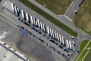 Parking of Large logistics park with warehouse, loading hub in industrial zone and technology park. Aerial view