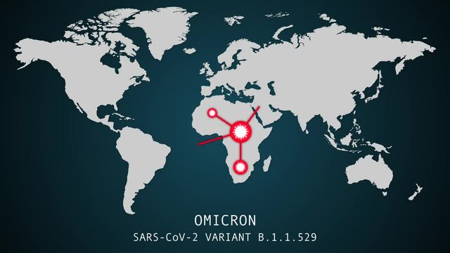 Omicron Covid-19 Coronavirus Variant Pandemic Spread Around The World Map. Graphic Animation