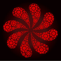 Red gear icon centrifugal twist turbine fireworks composition on red dark gradient background. Rotation curl organized from red scattered gear icons.