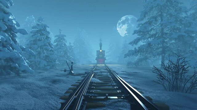 The New Year's train is coming to us against the backdrop of the Christmas forest and the moon. 
