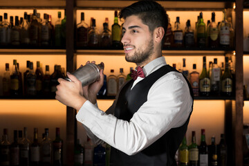 Cool professional bartender making a cocktail, shaking a cocktail shaker. Authentic barman making alcohol beverages in modern bar. High quality photo.