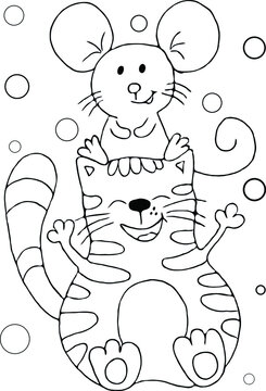 Cute fat cat with a cute little mouse on his head. Flat vector illustration. Cartoon style banner.