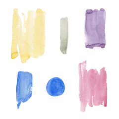 Abstract drawing of watercolor blue,yellow,violet stain on white background. Watercolor texture. Background. Isolated