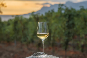 A glass of white wine on a wooden barrel against the backdrop of vineyards mountains and a beautiful sunset. picturesque background image with wine.