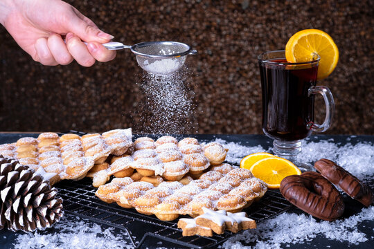 Homemade Delicious Belgian waffles sprinkled with powdered icing sugar
