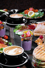Breakfast or brunch set for two person on rustic wooden table