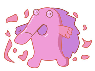 Funny animal after the explosion of a pink balloon on a white background. The concept of failing a gift brought by a prickly hedgehog. Comic creature sticker in vector format.