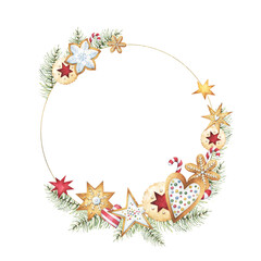 White and golden text plate decorated with watercolor gingerbread cookies and pine branches clipart, new year graphics, greeting card, premade design, festive season illustration