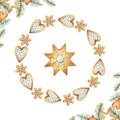New Year and Christmas themed watercolor gingerbread cookies wreath with heart, star and snowflake biscuits on white background with pine branches and cookies winter holidays clipart