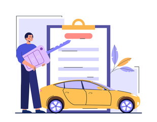 Concept of dealership. Man sells cars. Vehicles, expensive purchases. Character holding keychain with car keys. Goods for rich people, presentation, store, shop. Cartoon flat vector illustration