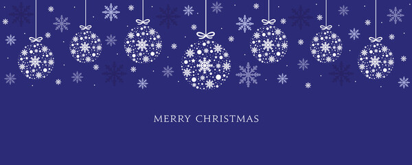 Fototapeta na wymiar Xmas banner with hanging winter balls. Vector design of christmas holidays. Merry Christmas greeting card.
