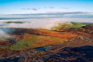 Fototapeta na wymiar aerial view of foggy winter countryside morning, Northern Ireland 