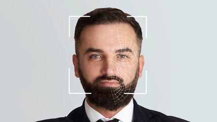 Confident male with beard, double exposure with authentication for unlocking, data protection