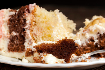 delicious cake made of mixed cakes and strawberry and banana fillings