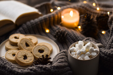 Fototapeta na wymiar Cozy setting with hot chocolate, marshmallows, christmas cookies, warm sweater and a book