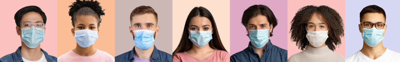 Serious unhappy international young people in medical face masks looking at camera, protected from virus