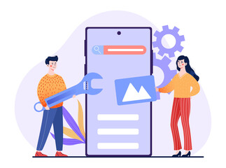 Concept of SEO optimization. Man and girl prescribing tags for picture. Attempt to improve ranking of website by search engine algorithms. Keywords for articles. Cartoon flat vector illustration