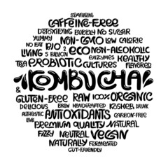Kombucha tag, label, sign lettering - natural, raw, gluten-free, low sugar and calories, eko, bio, kosher, vegan, organic, delicious tea product. Labels for package design, web page, advertising. 