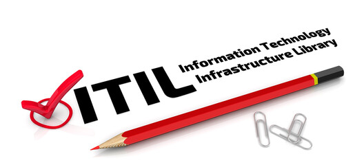 ITIL. Information Technology Infrastructure Library. The check mark. One red check mark with black text ITIL - Information Technology Infrastructure Library. 3D illustration