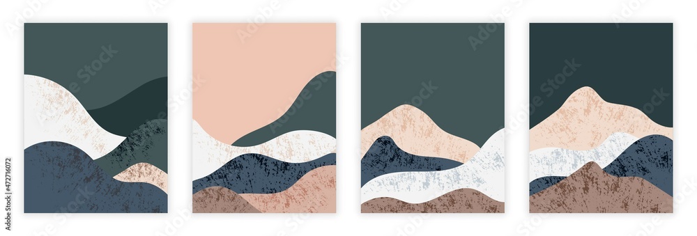 Poster abstract art background. set of images with mountains in minimalistic style. collection of paintings