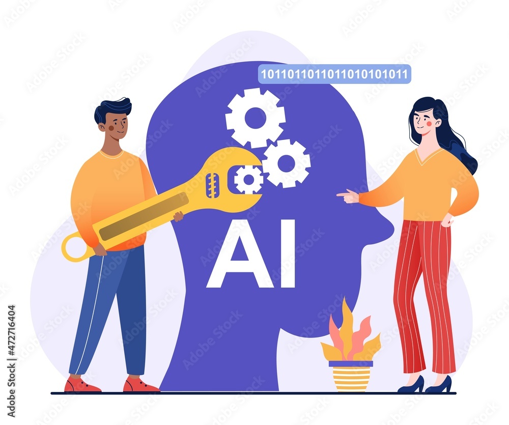 Poster concept of artifical intellengence. man and girl looking at work. optimization, automation. programm