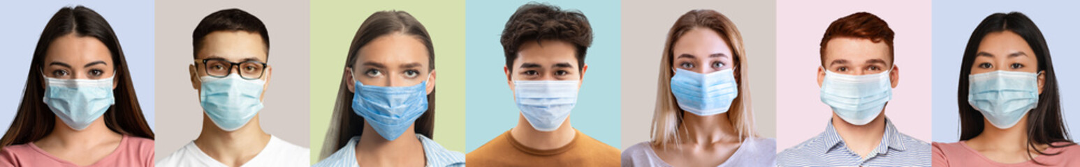 Sad young international people in protective masks isolated on colored background, copy space
