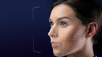 Close up portrait face of serious caucasian young woman, double exposure face scan of lady for face...