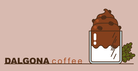 Dalgona coffee, Dalgona chocolate milk, Dalgona Coffee Latte. Instant coffee. Trendy whipped coffee vector illustration with copy space. Social media food trend