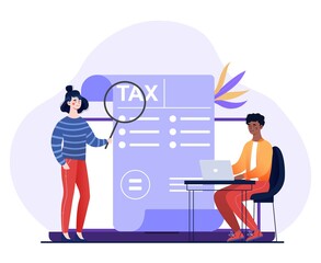 Electronic tax filling. Man and girl evaluating document. Error checking, colleagues look at paper with magnifying glass. Calculating payment check, internet. Cartoon flat vector illustration