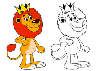 children's game coloring leo clipart set. set of two lions colored and black and white on a white background.