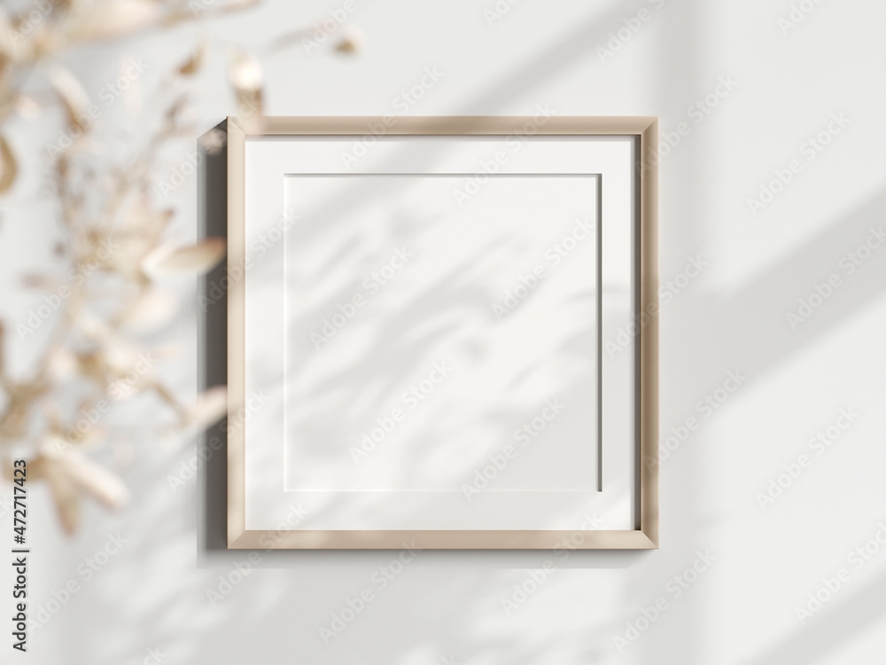 Wall mural square poster frame on the wall, boho interior mockup