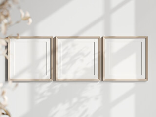three square frames on the wall, boho interior mockup